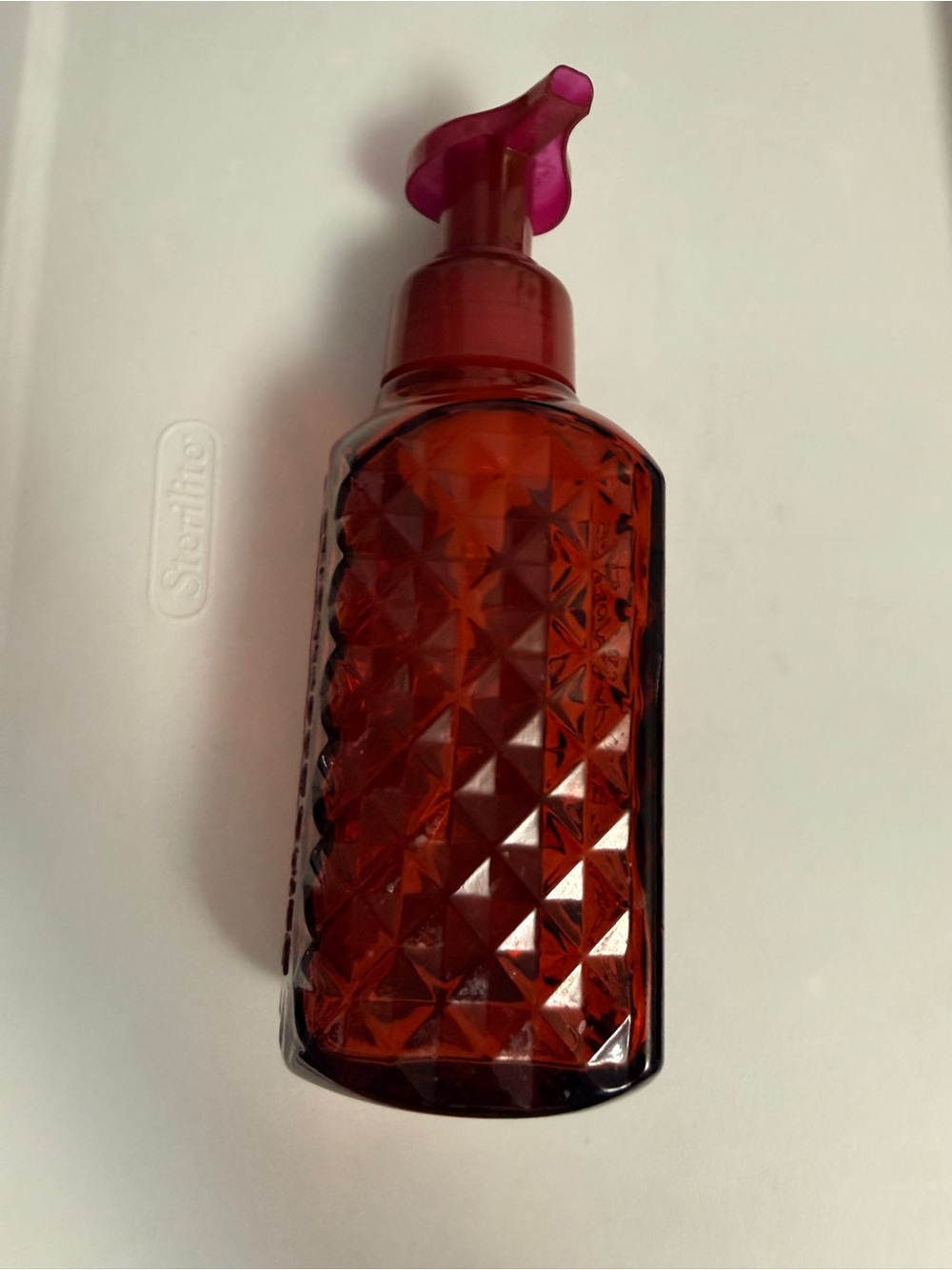 Bath and Body Works Faceted Red foaming hand soap dispenser.